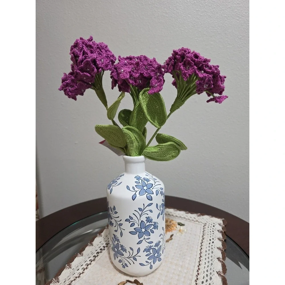 Set of 3 Handmade Crochet Purple Flower Stems – Artificial Floral Decor